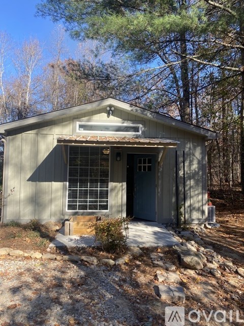 A small house with a grey roof and a grey door is surrounded by trees.