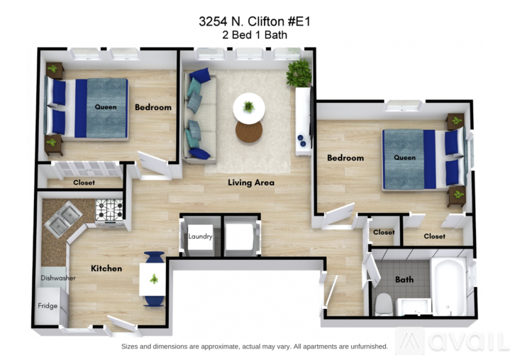 A floor plan of a 2 Bed 1 Bath apartment at 3254 N. Clifton #E1.