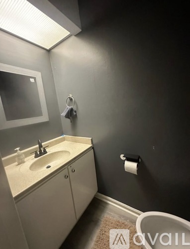 A bathroom with a sink, mirror, and toilet paper roll.
