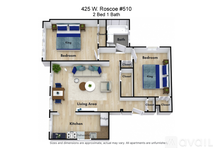 A floor plan of a 2 bedroom apartment with 1 bathroom.