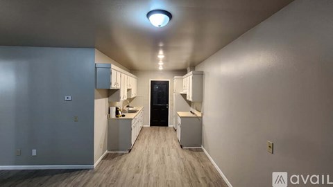 A long, narrow hallway with a kitchen area at the end.