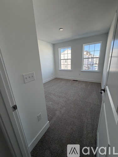 A room with a carpeted floor and two windows.
