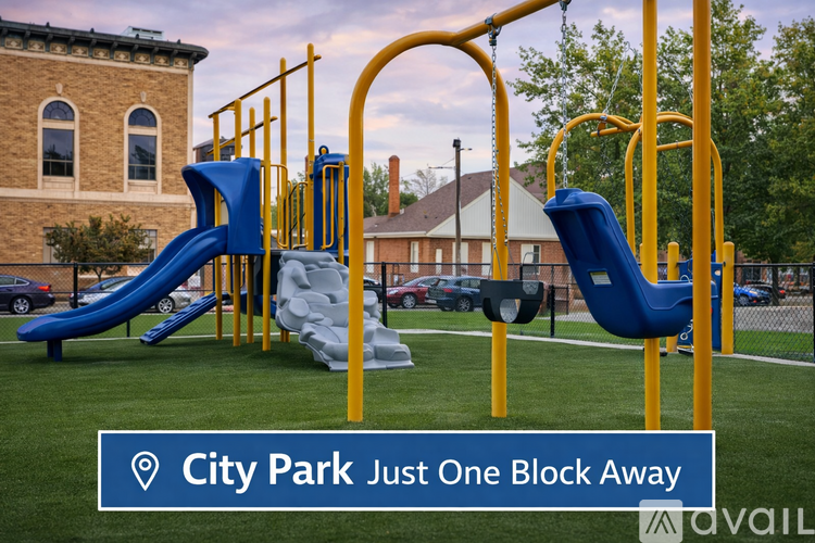 A playground with a blue slide and yellow poles.