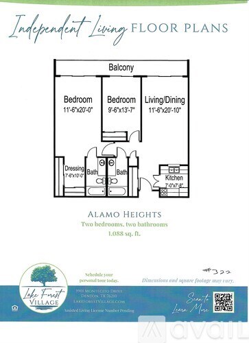 A floor plan for a two bedroom, two bathroom apartment at Alamo Heights.