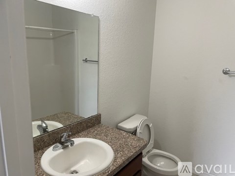 A bathroom with a sink, mirror, and toilet.