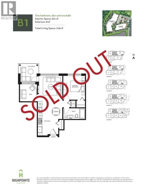 A floor plan of an apartment complex with one bedroom, den, and one bath interior space of 627 sf and a total living space of 708 sf.