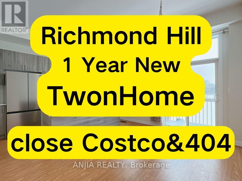 A real estate advertisement for a 1-year-old TwinHome in Richmond Hill, located close to Costco and 404.