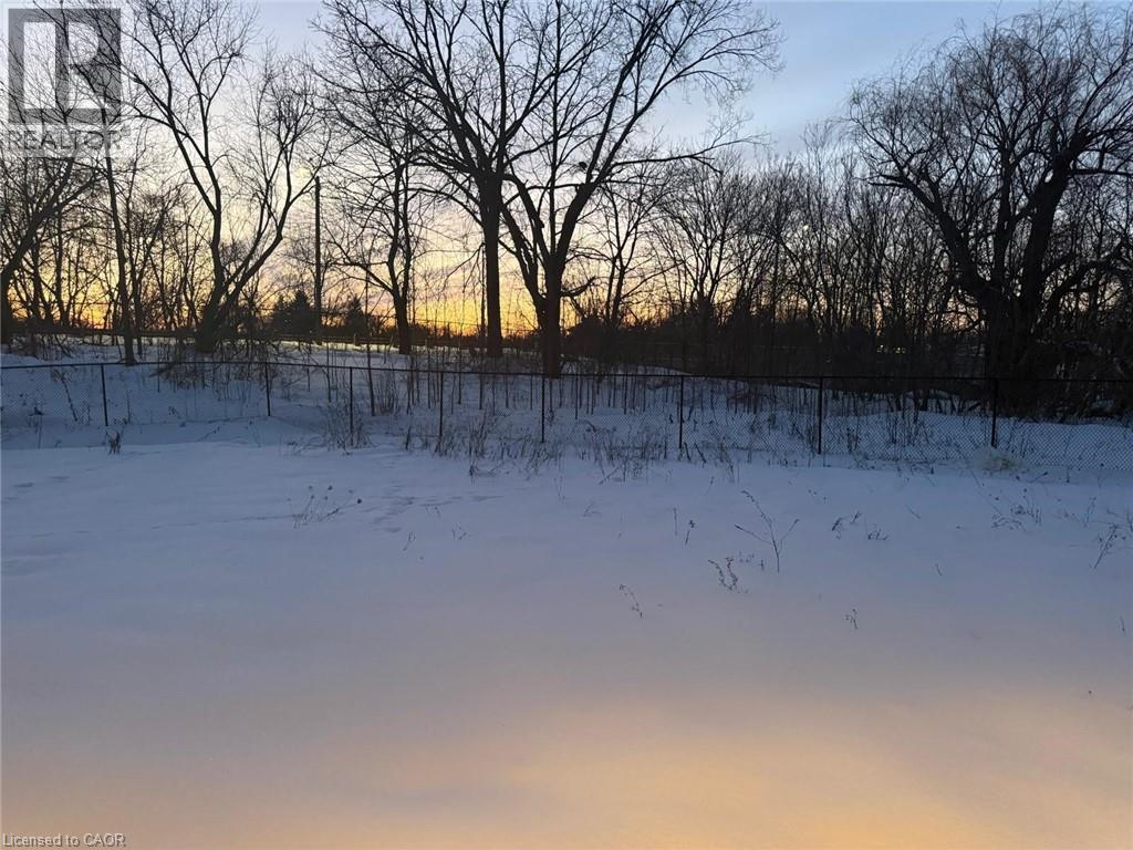 A snowy field with trees and a sunset in the background.