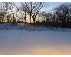 A snowy field with trees and a sunset in the background.