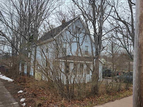 A white house with a grey roof surrounded by trees.