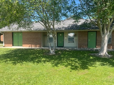 A house with green doors and a tree in front.