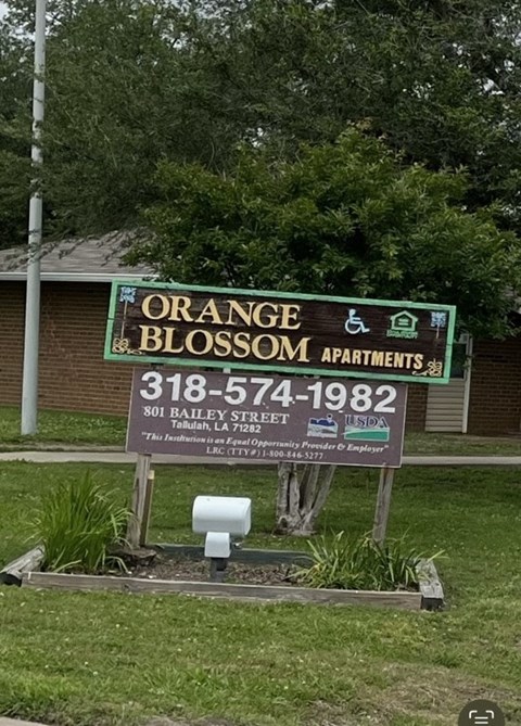 A sign for Orange Blossom Apartments is displayed in front of a building.