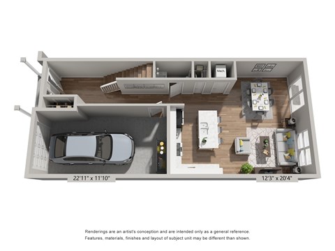 A rendering of a modern apartment layout with a kitchen, living room, and bedroom.