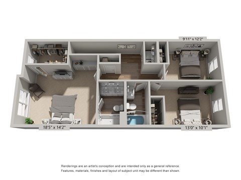 A floor plan of a two-bedroom apartment with a living room, kitchen, and bathroom.
