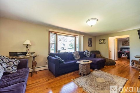 A living room with a blue couch and a rug.