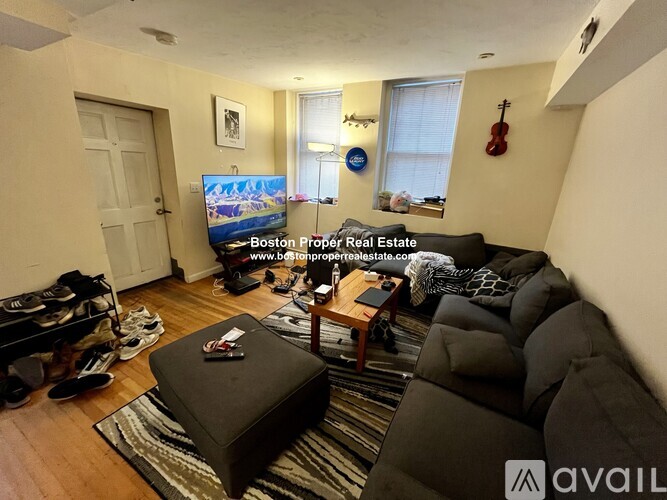 A living room with a couch, a TV, and a rug.