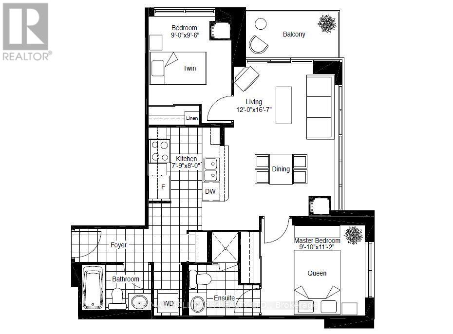 A black and white image of a floor plan for a home with a balcony, twin bedrooms, a living room, a kitchen, a dining room, a foyer, a bathroom, an ensuite, and a master bed