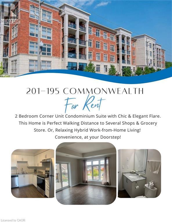 A real estate advertisement for a 2 bedroom condo suite at 201-195 Commonwealth, highlighting its proximity to shops and grocery stores, and its chic and elegant flare.