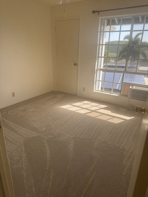 A room with a carpeted floor and a window overlooking a pool and palm trees.