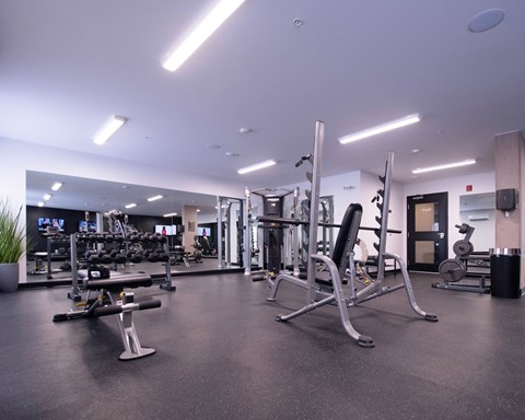 A gym with a variety of equipment including weights and machines.