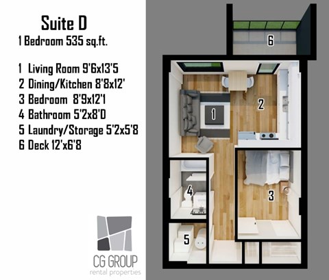 A floor plan for a suite with a bedroom, living room, dining/kitchen, bathroom, laundry/storage, and deck.