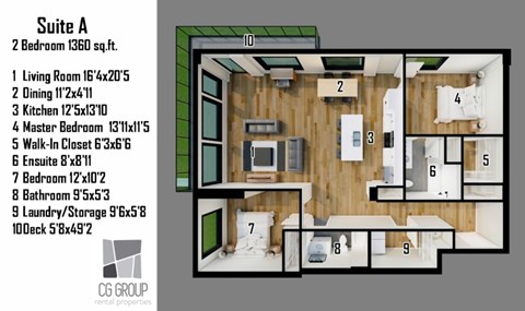 A floor plan of Suite A, a 2 bedroom apartment, is shown with dimensions for each room.