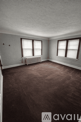 A room with brown carpet and two windows.