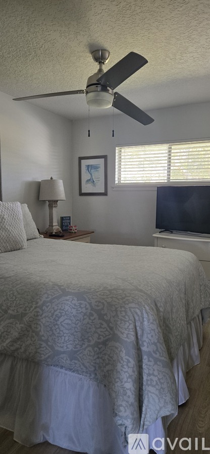 A bedroom with a bed, a ceiling fan, and a nightstand with a lamp.
