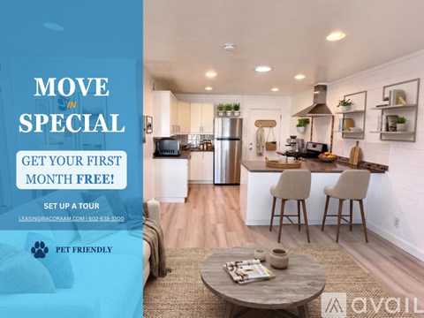 A kitchen with a countertop and cabinets is on sale for the first month free.