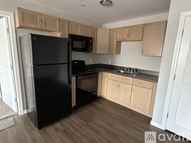 A kitchen with black appliances and wooden cabinets.