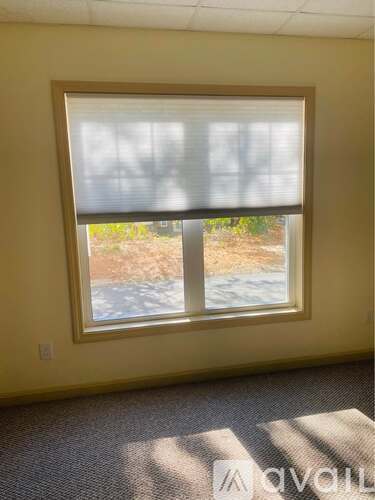 A room with a window that has a view of a road and trees.