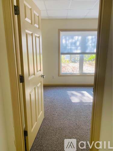 A hallway with a door on the left and a window on the right.
