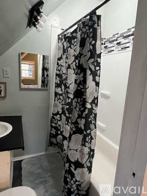 A bathroom with a floral shower curtain.