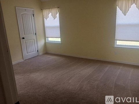 A room with a carpeted floor, a door, and two windows with white curtains.