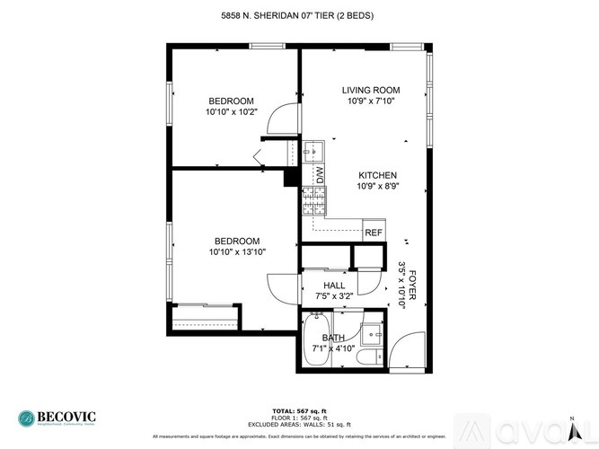A floor plan for a 2 bedroom apartment at Sheridan 07.