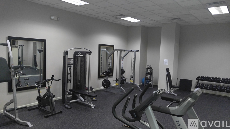 A gym with a variety of equipment including a treadmill, weights, and a bench press.