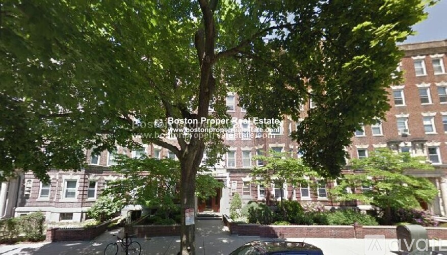 A tree in front of a building with a bicycle parked on the sidewalk.