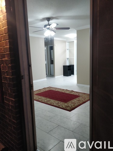 A hallway with a red rug and a ceiling fan.