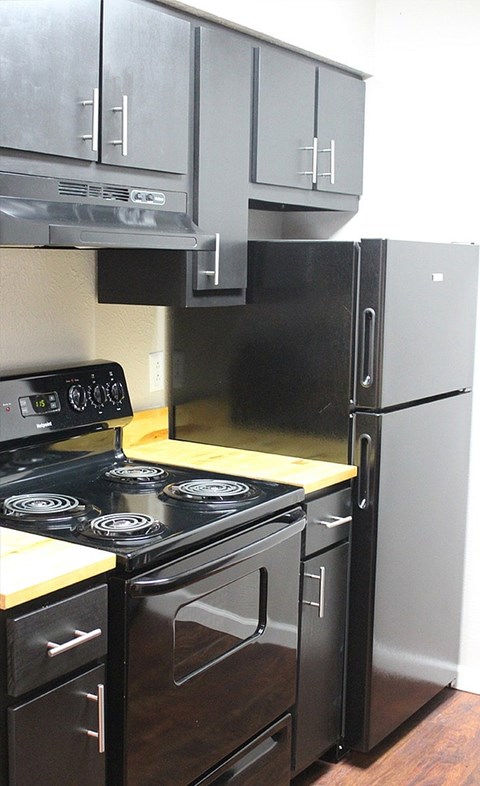 A black stove and refrigerator in a kitchen.