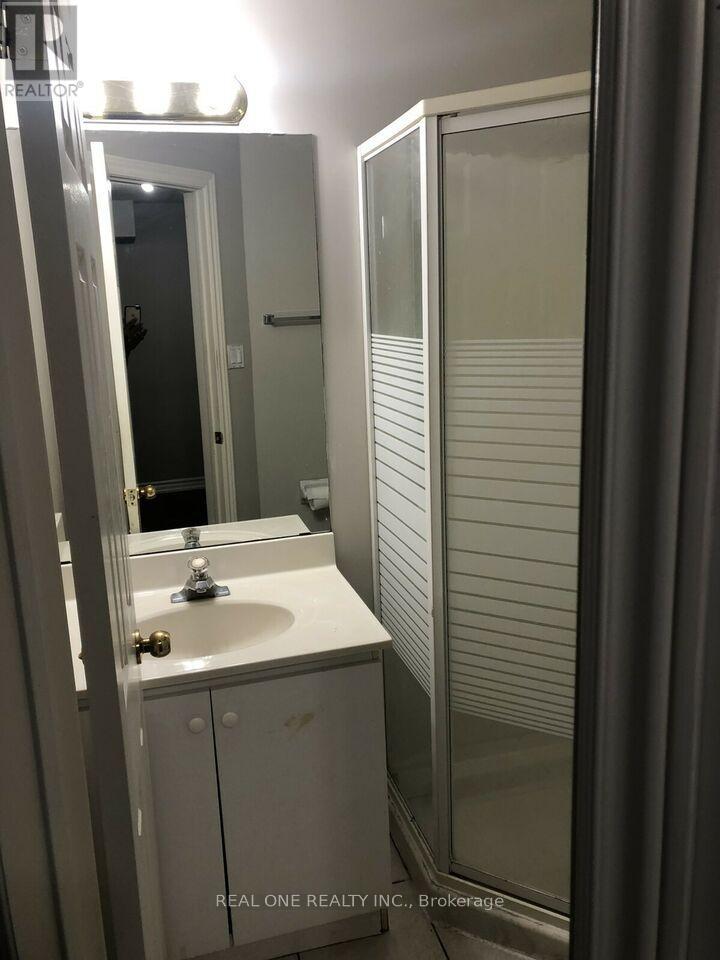 A bathroom with a sink, mirror, and shower.