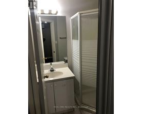 A bathroom with a sink, mirror, and shower.