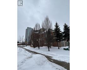 A snowy street with a building in the background.