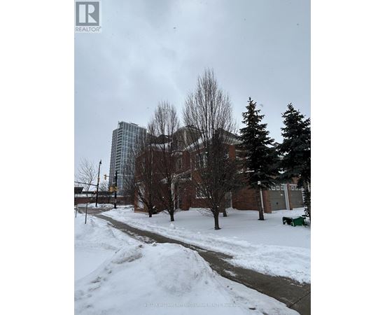 A snowy street with a building in the background.