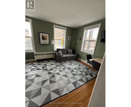 A living room with a grey sofa and a rug with a geometric pattern.