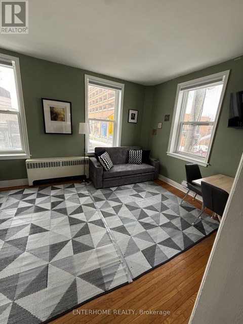 A living room with a grey sofa and a rug with a geometric pattern.