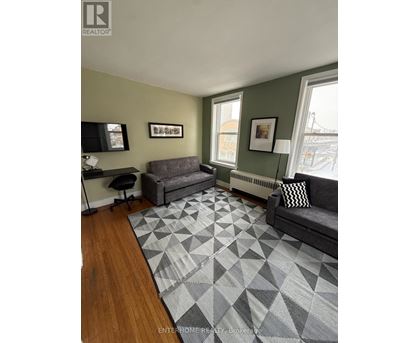 A living room with a grey sofa and a grey rug.