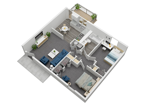 A 3D floor plan of a house with a living room, kitchen, dining room, and bedrooms.