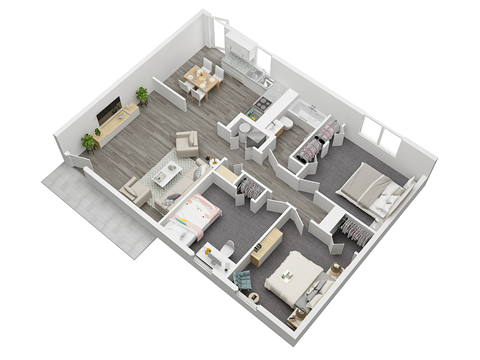 A 3D floor plan of a house with a kitchen, living room, dining room, and two bedrooms.