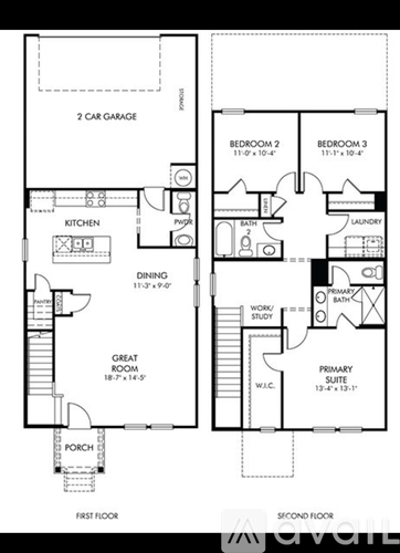 A black and white floor plan of a two-story house with a garage.