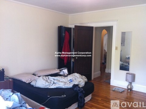 A bedroom with a bed, a dresser, and a mirror.